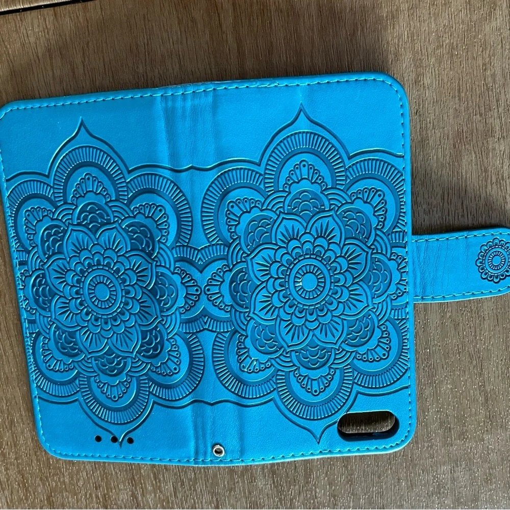 Magnetic close Leather IPhone wallet fits iPhone 7 or 8 in Turquoise color.